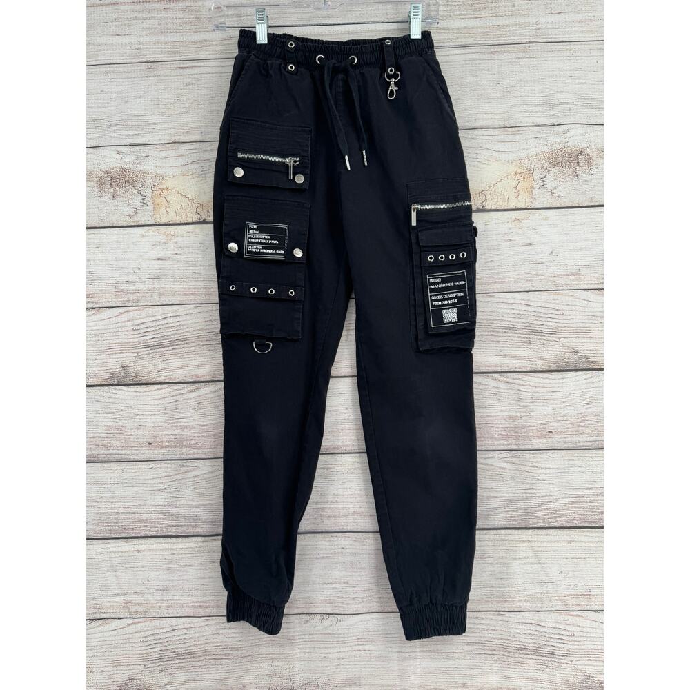 Maniere De Voir Cargo Chain Jogger‎ Pants Womens 4 Black Zippers Clasps